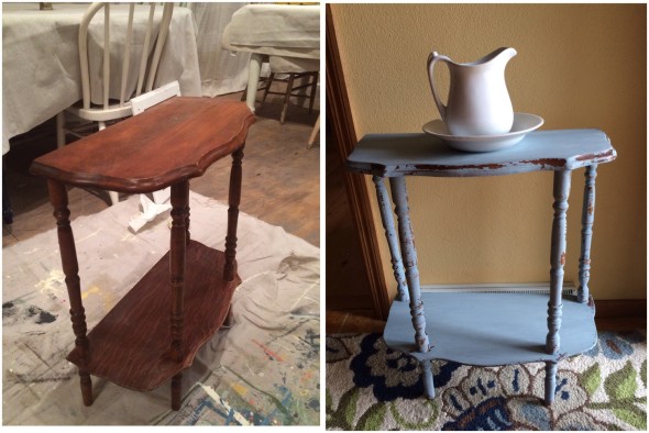 Before and after photo of a madeover painted side table